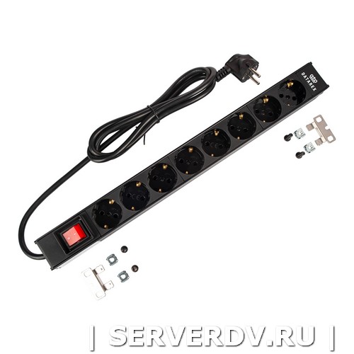 Блок распределения 19" (PDU) с выключателем на 16А, 8 разъемов SHUKO, шнур питания 1,8 м, черный (DR-432121), Datarex
