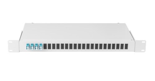Оптический кросс NIKOMAX 19" Essential Line, 1U, укомплектованный на 8 портов LC/UPC (4 двойных LC/UPC адаптера), SM 9/125 OS2, стальной, серый, в ком