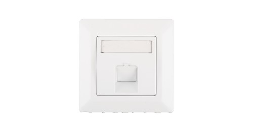 Лицевая панель во вставкой NIKOMAX, немецкий формат, 80x80мм, 1 порт, под модули Keystone, с подрамником, со шторками, наклонная, белая