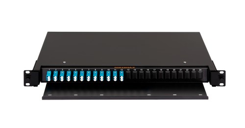 Оптический кросс NIKOMAX 19" Premium Line, 1U, укомплектованный на 24 портов LC/UPC (12 двойных LC/UPC адаптера), SM 9/125 OS2, выдвижной, с полкой, ч