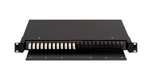 Оптический кросс NIKOMAX 19" Premium Line, 1U, укомплектованный на 24 порта LC/UPC (12 двойных LC/UPC адаптеров), MM 50/125 OM2, выдвижной, с полкой, 
