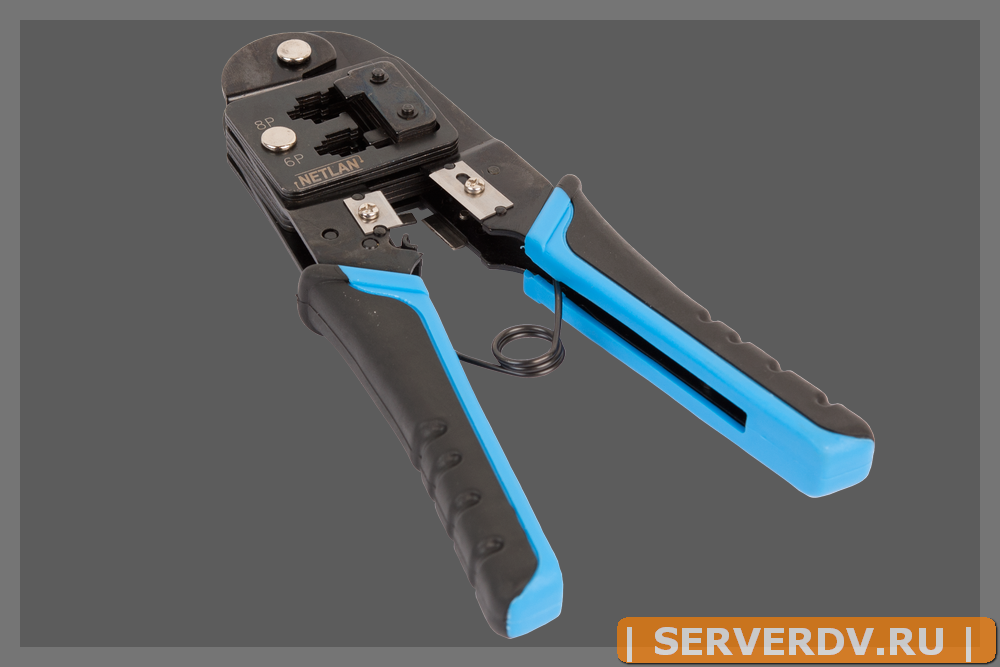 Инструмент NETLAN обжимной профессиональный, 2 гнезда, торцевой, с возвратной пружиной, совместим с коннекторами: RJ45/8P8C, RJ12/6P6C, RJ11/6P4C