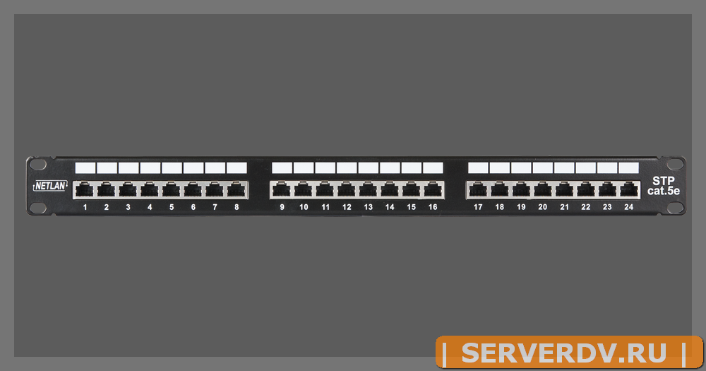Коммутационная панель NETLAN 19", 1U, 24 порта, Кат.5e (Класс D), 100МГц, RJ45/8P8C, 110/KRONE, T568A/B, экранированная, черная