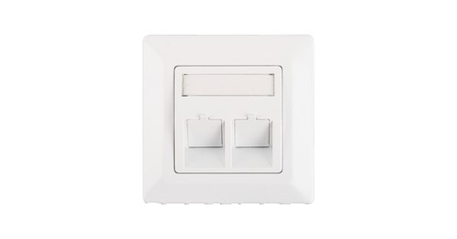 Лицевая панель во вставкой NIKOMAX, немецкий формат, 80x80мм, 2 порта, под модули Keystone, с подрамником, со шторками, наклонная, белая
