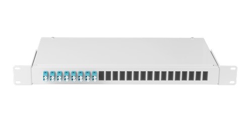 Оптический кросс NIKOMAX 19" Essential Line, 1U, укомплектованный на 16 портов LC/UPC (8 двойных LC/UPC адаптеров), SM 9/125 OS2, стальной, серый, в к