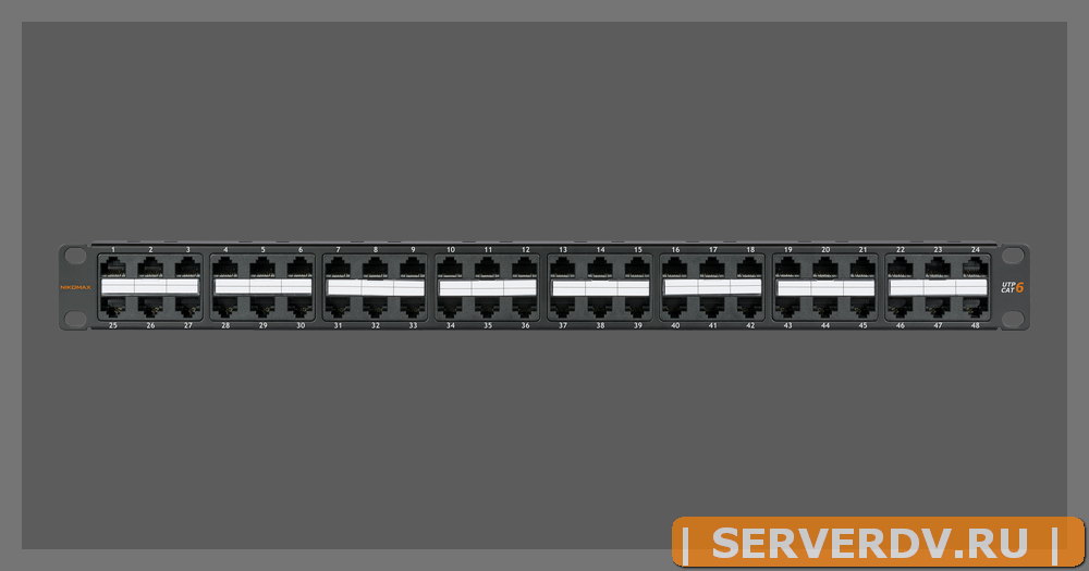 Коммутационная панель NIKOMAX 19", 1U, 48 портов, Кат.6 (Класс E), 250МГц, RJ45/8P8C, 110/KRONE, T568A/B, неэкранированная, с органайзером, черная - г