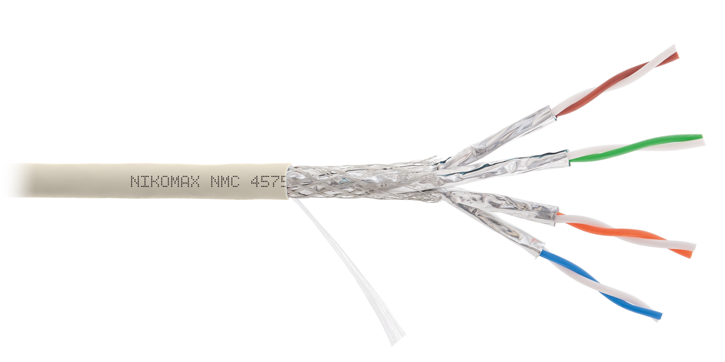Кабель NIKOMAX S/FTP 4 пары, Кат.7a (Класс Fa), тест по ISO/IEC, 1000МГц, одножильный, BC (чистая медь), 23AWG (0,58мм), полимерный материал нг(А)-LSLTx, внутренний, светло-серый, 500м - гарантия: 5 лет /15 лет системная