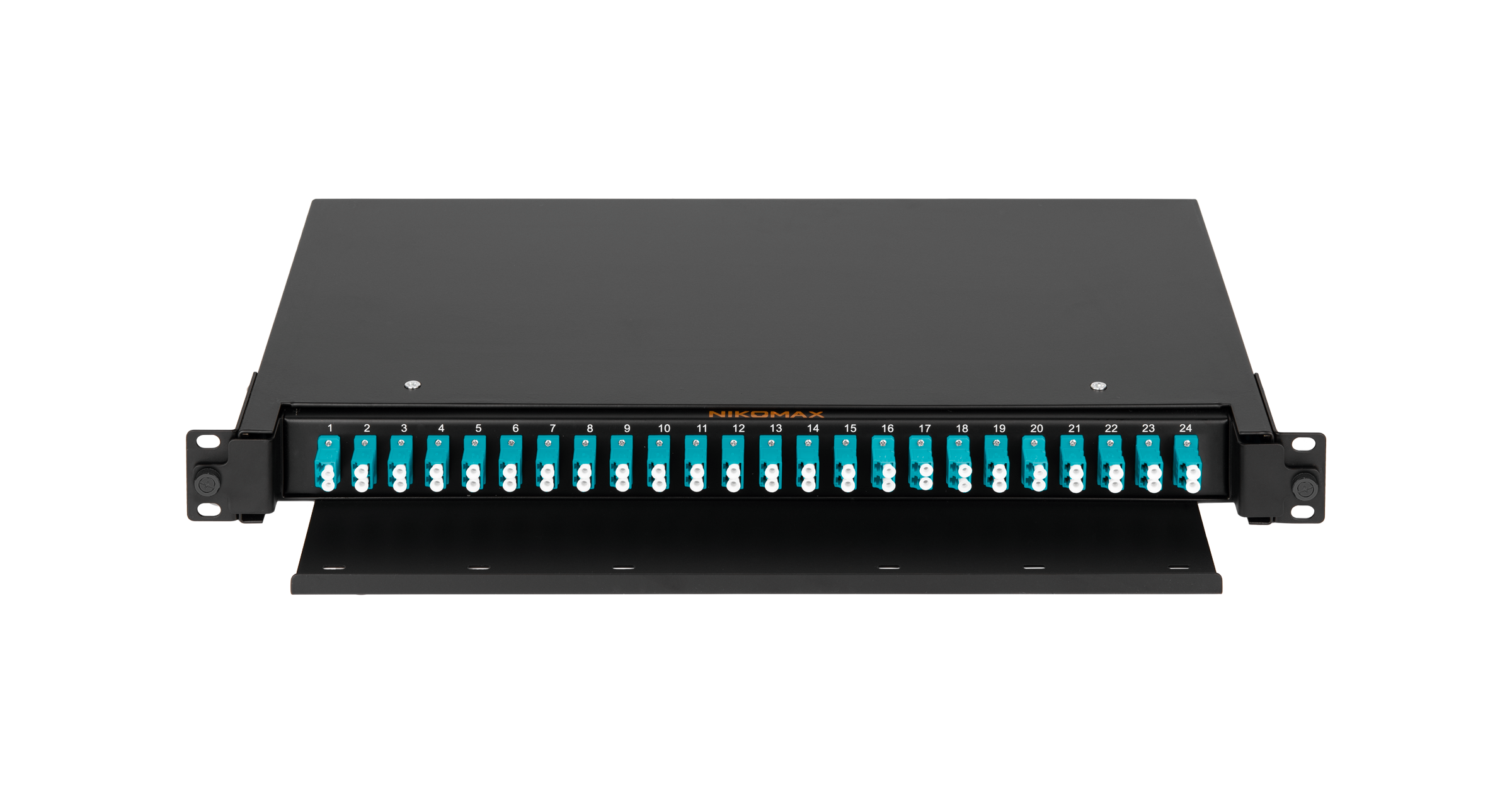 Оптический кросс NIKOMAX 19" Premium Line, 1U, укомплектованный на 48 портов LC/UPC (24 двойных LC/UPC адаптеров), MM 50/125 OM3, выдвижной, с полкой,